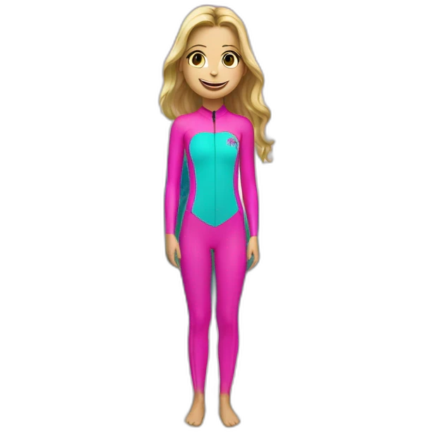 Girl with tattooed hands wearing a bright pink wetsuit surfing big wave next to palm tree emoji