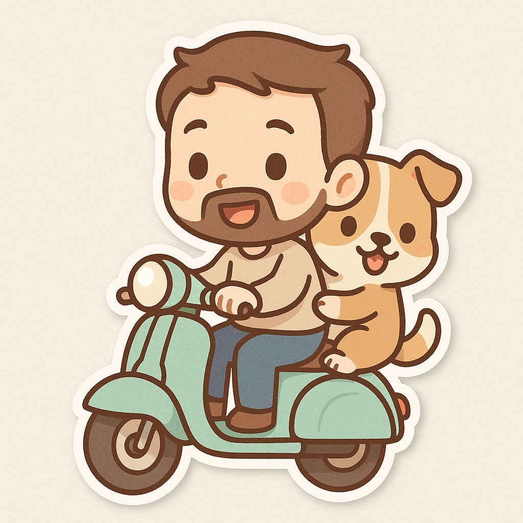 man and his pet dog riding a vespa emoji