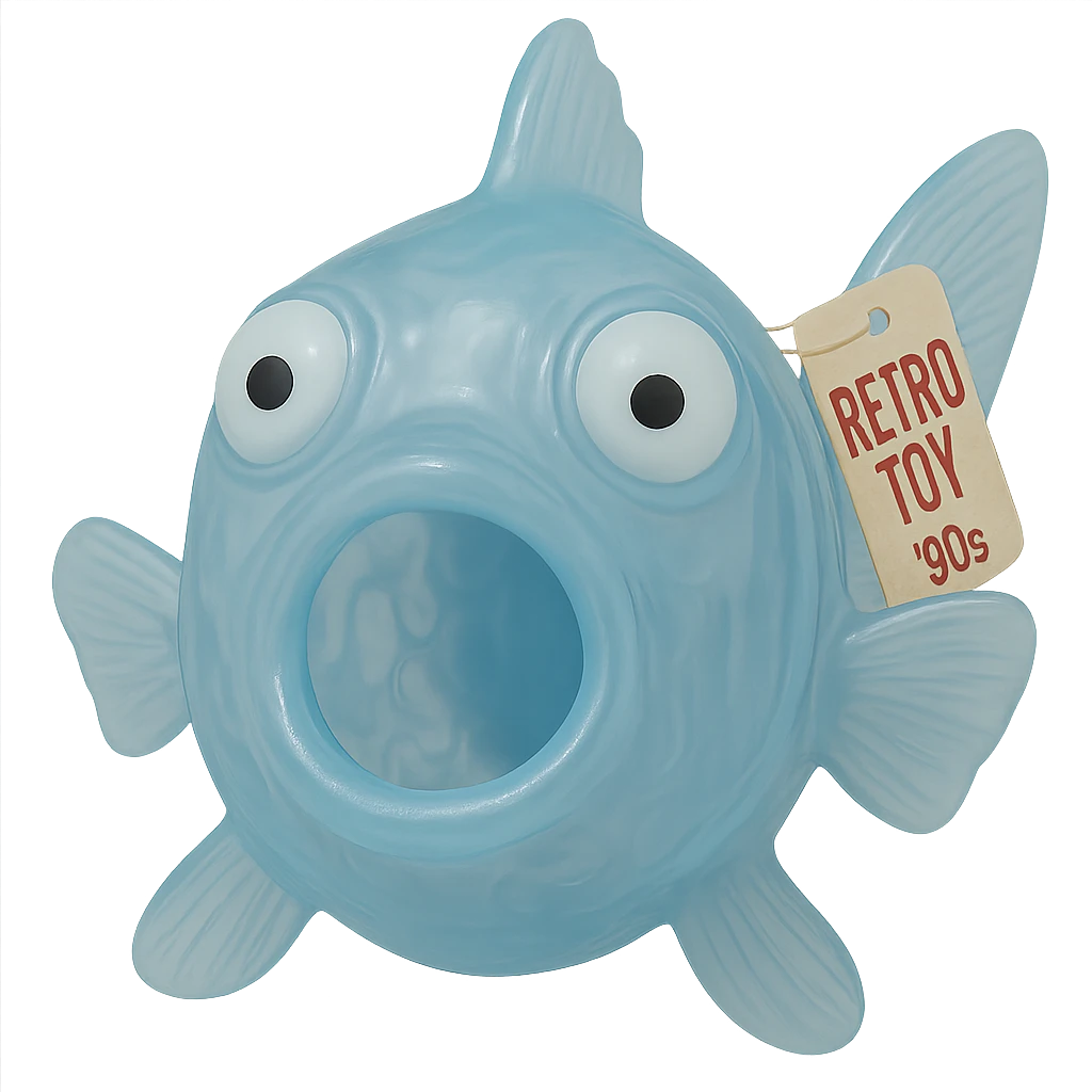 Add a retro toy tag on the fin. Make the body see-through, semi-transparent plastic with a blue tint. Eyes going opposite ways, looking straight at the camera. No background. Hyper-detailed, soft plastic 90's toy look, soft reflections, soft and squishy, some cloudiness, not shiny, highly detailed, appealing. Style: soft plastic 90's toy look. emoji