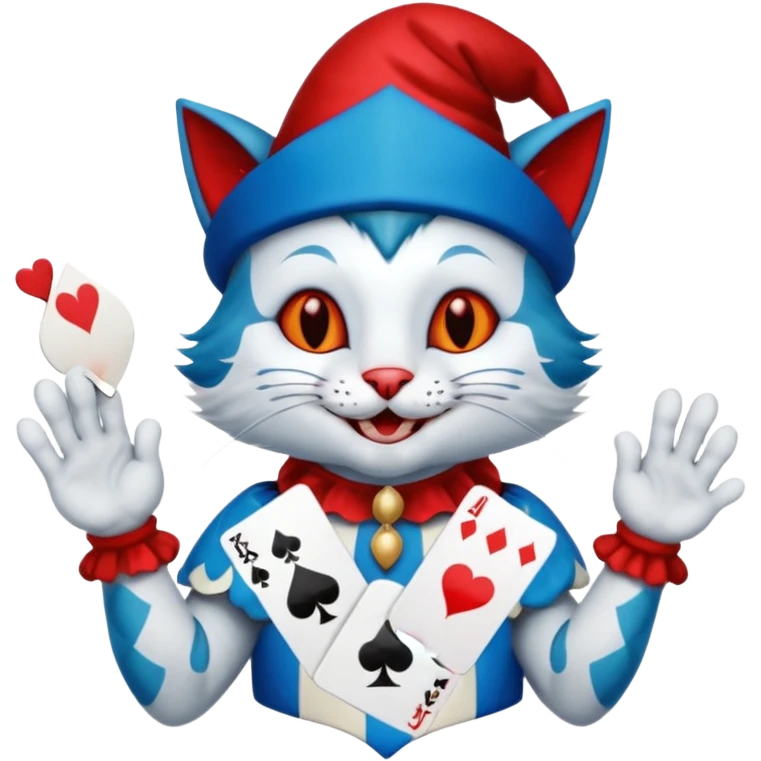 crazy colorful cute little cat jolly joker from poker, medieval, vintage, court jester, mac os icon, blue color, holds a single poker card on the right paw emoji
