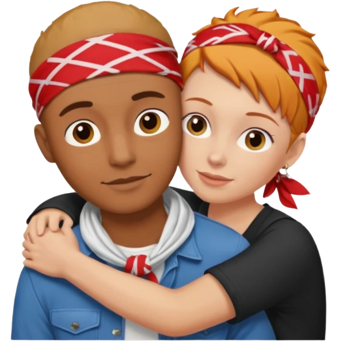 Two people hugging, brown guy with a buzzed cut and bandana, and a white woman with ginger hair emoji
