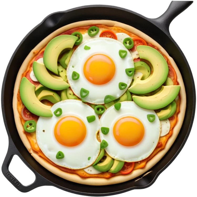 A breakfast skillet with melted cheese, pizza toppings, sliced avocado, and a fried egg on top emoji