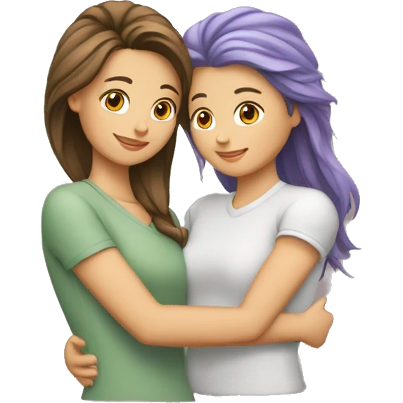 Dos amigas unidas en un abrazo. Una con pelo largo y claro y la otra con el pelo corto y canoso  emoji