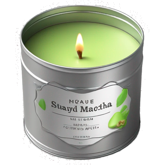 pretty matcha scented candle in silver tin with label realistic emoji