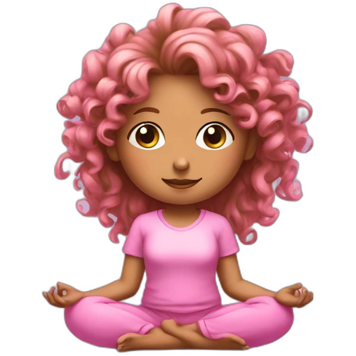 curly pony tail girl doing meditation wearing pink emoji