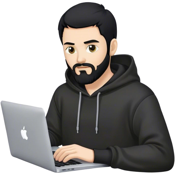hackeur blanc cheveux noir barbe et capuche noir avec un macbook emoji