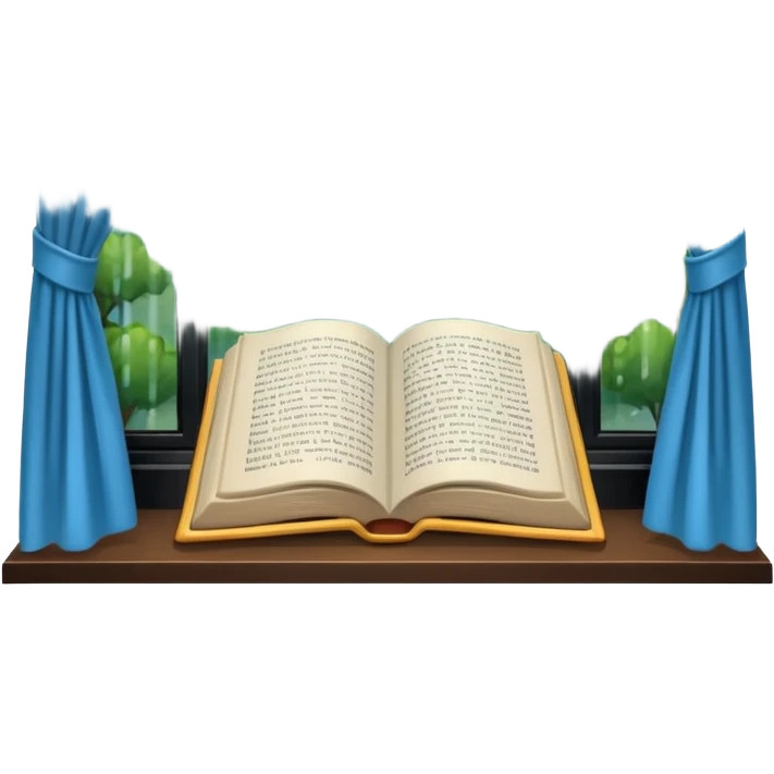 Curtained window with rain outside and a book inside emoji