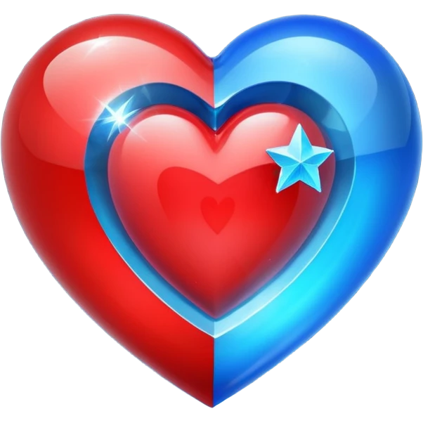 A glowing hologram of a red 3D heart with a bright blue star inside emoji