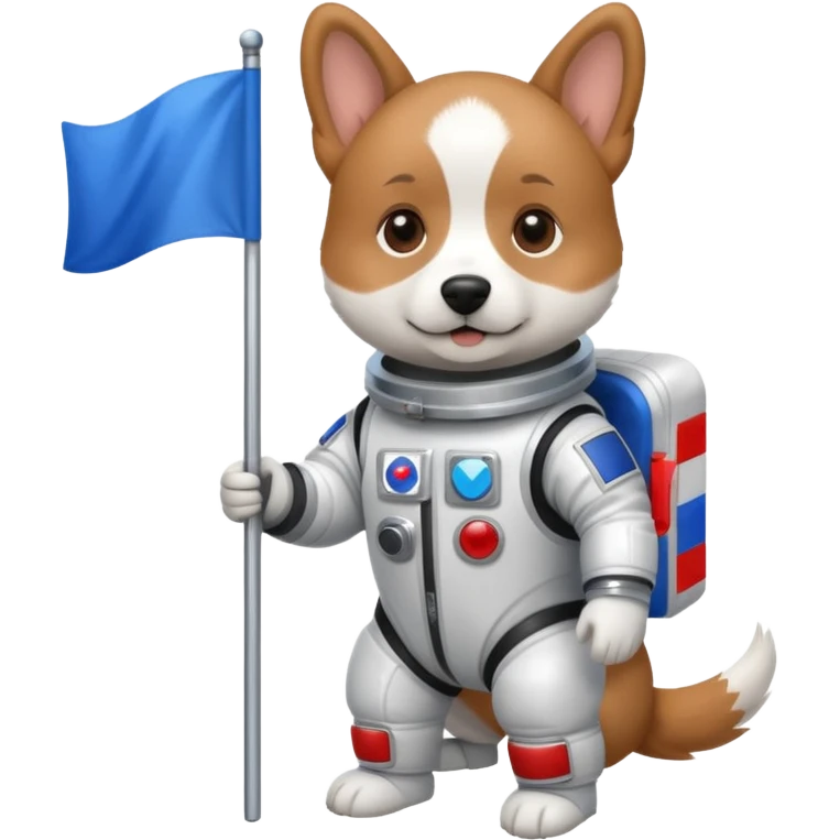 a dog in space suit, holding blue rectangle flag emoji