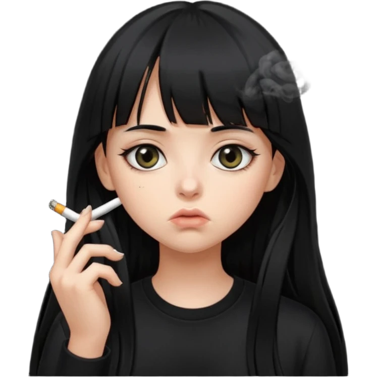 teen girl with long black hair and straight bangs, big eyes looking tired, not smiling, all black clothes, smoking cigarette emoji