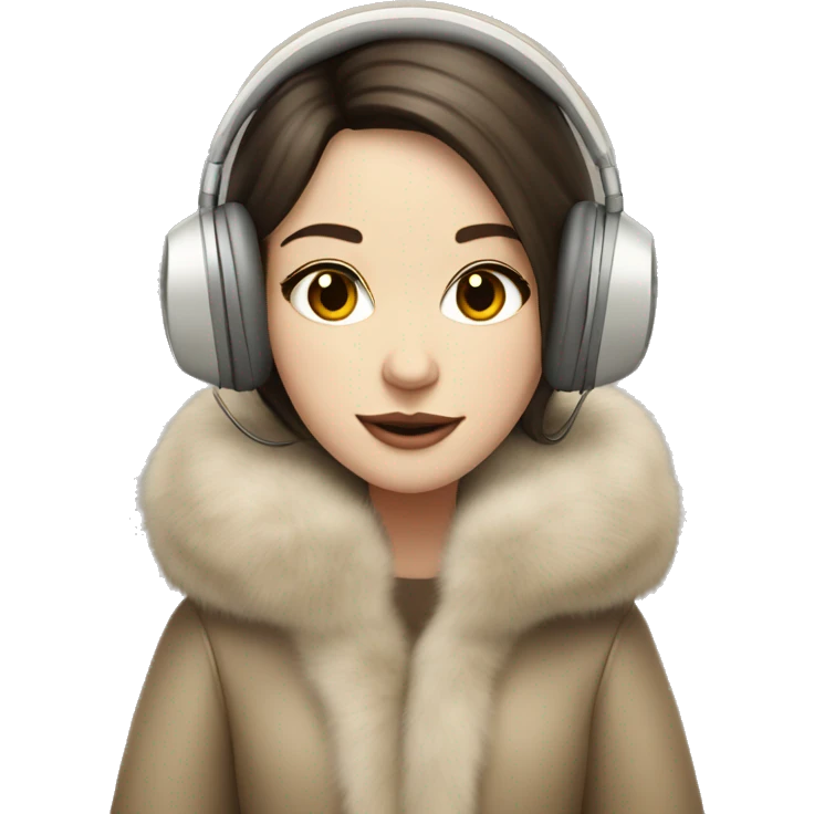 Posh pale brunette girl in beige fur coat and fur headphones  emoji
