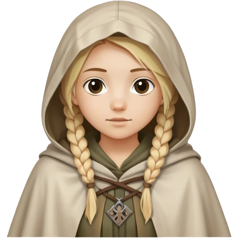 girl with blond braids wearing a tunic and a cloak with a hood over her shoulders holding a white square of canvas, medieval age emoji