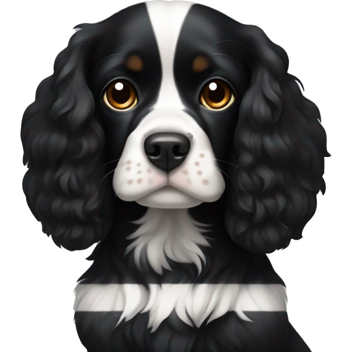 Small completely black king spaniel with black fur on his whole face and white stripe on chest emoji