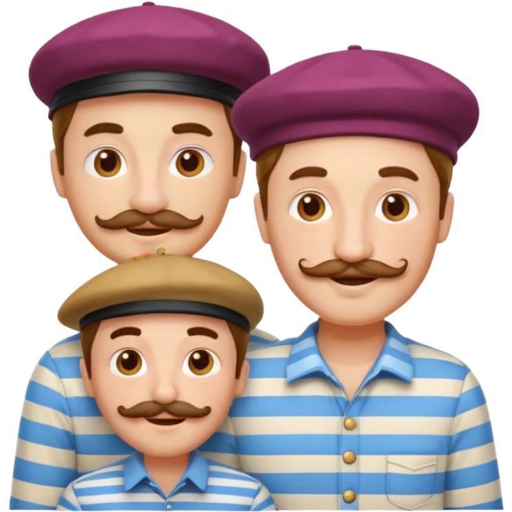 three French people together, classic emoji style, simple facial features, berets, striped shirts, mustaches, cheerful expressions emoji