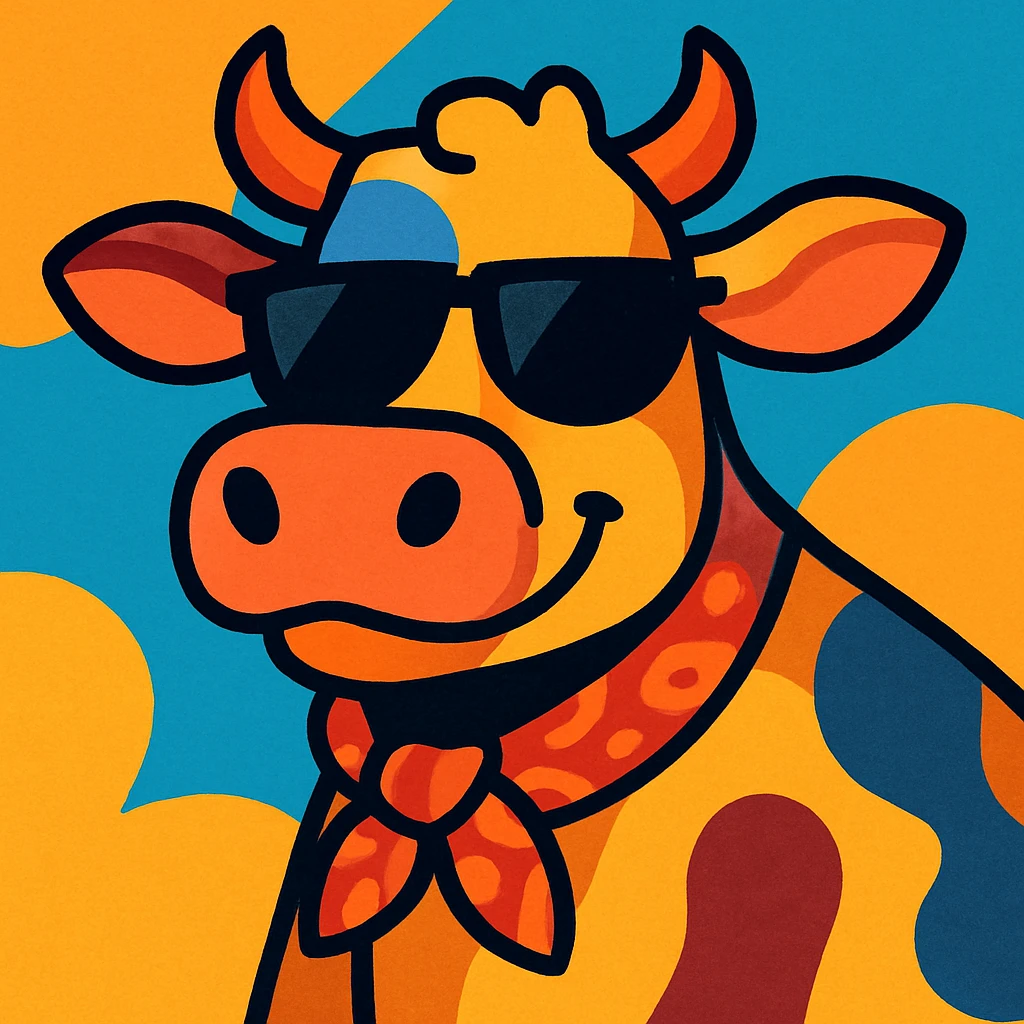 stylized cow with dark sunglasses and patterned neckerchief, looking relaxed, vibrant toon emoji