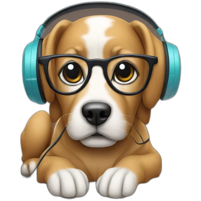 Dog with glasses and headphones and a computer in front of it emoji