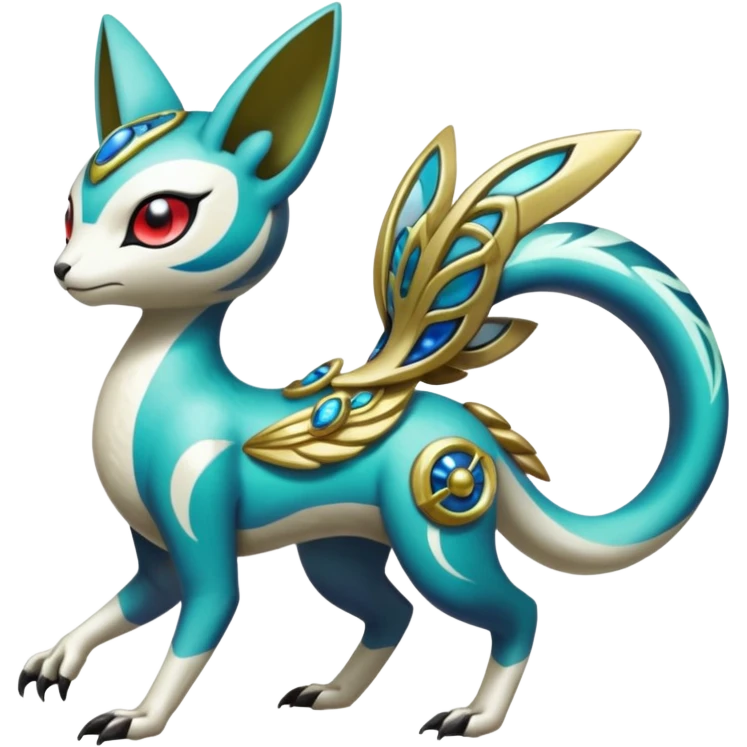 Shiny Colorful Futuristic Ornate Oriental Painted Asian Vernid-Trico-Meloetta-Latias-Koraidon-Peppercat-Protogen-Pokémon-Digimon-Fakémon-fusion-hybrid-creature emoji