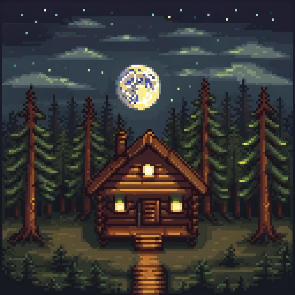 cozy wooden cabin in dark pine forest with moonlight emoji