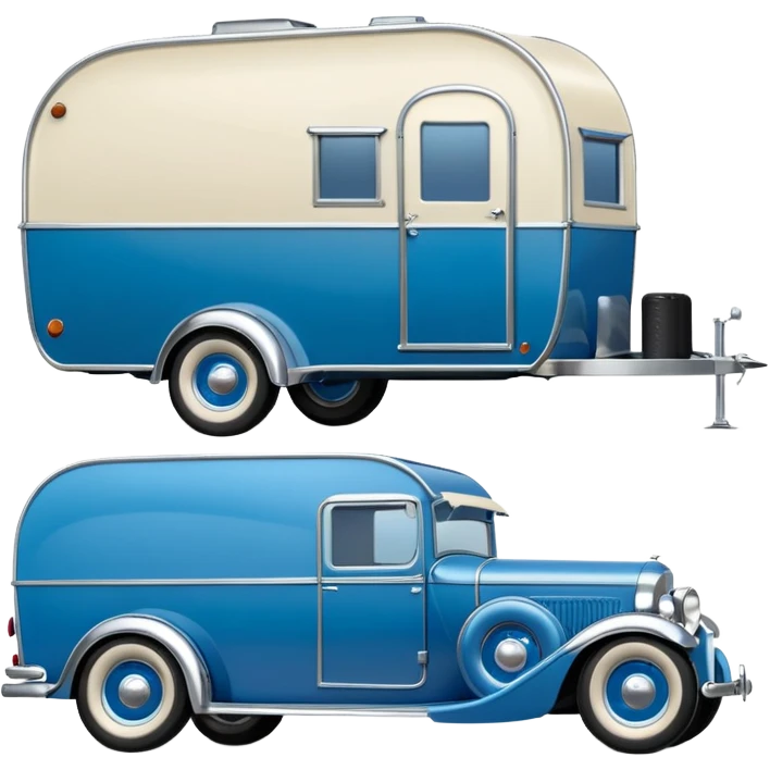 A 1934 hot rod caravan pulling a large matching trailer, blue and pearl  emoji