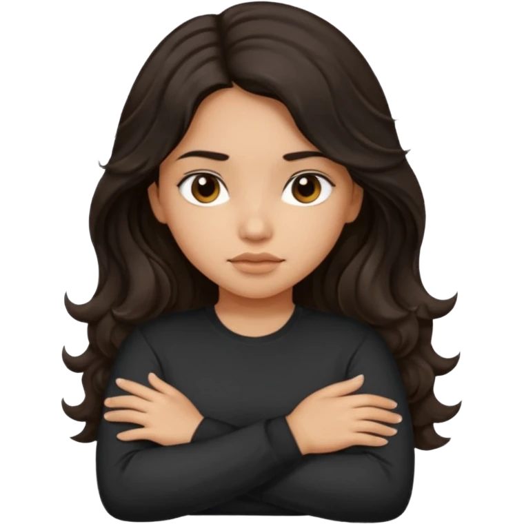 Hispanic girl dark long wavy hair crossing her arms with slight pout wearing a black long sleeve shirt emoji