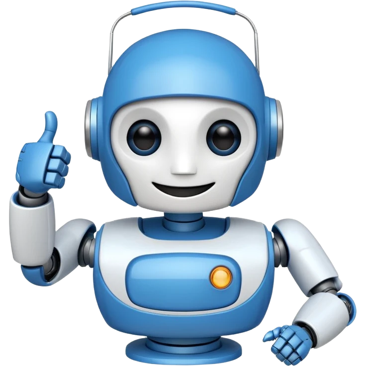 A blue and white robot smiling and winking with one eye, making a thumbs-up sign with one hand. emoji