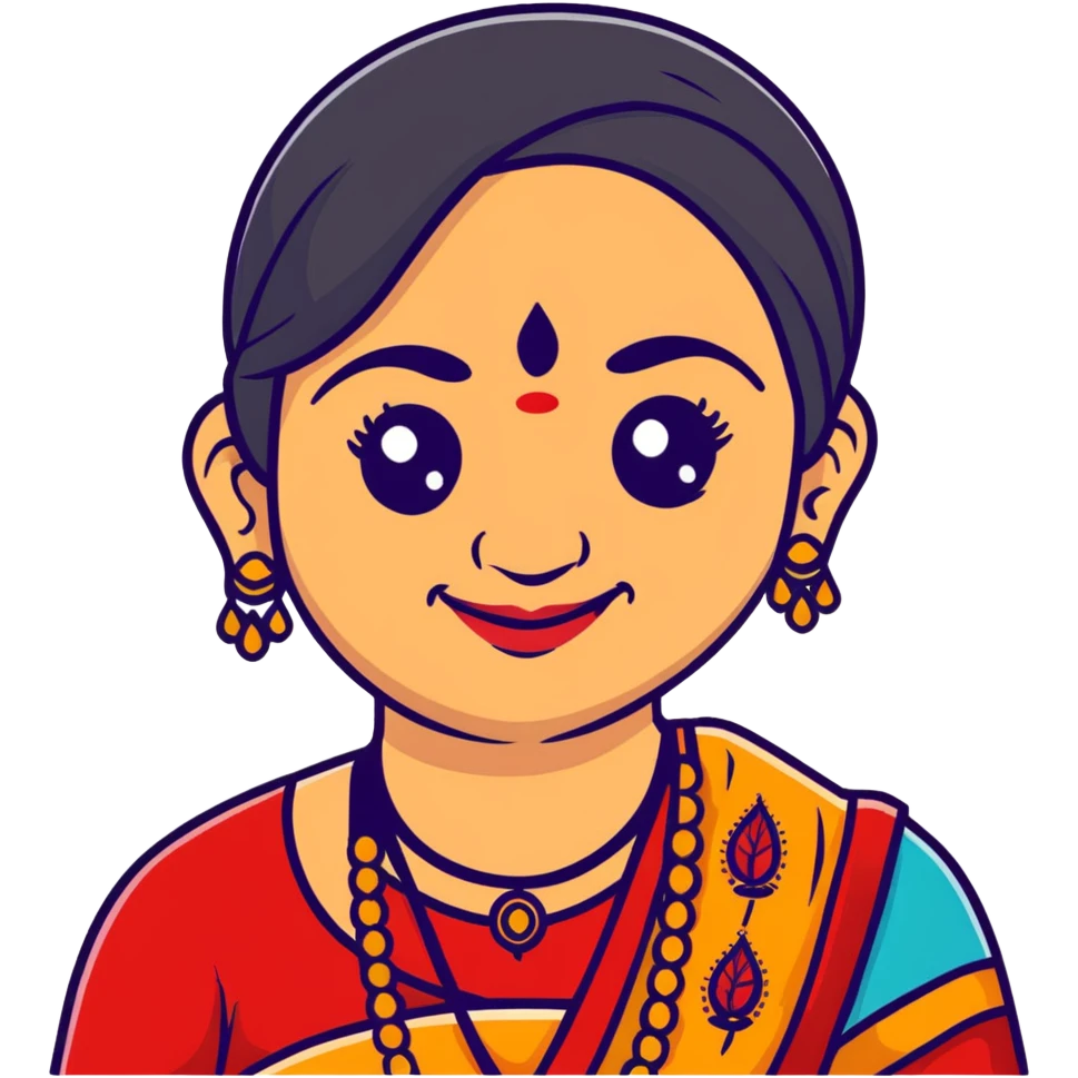 A cheerful Indian aunt (mausi) character with a plump face, smiling, wearing traditional Indian clothing and a bindi emoji