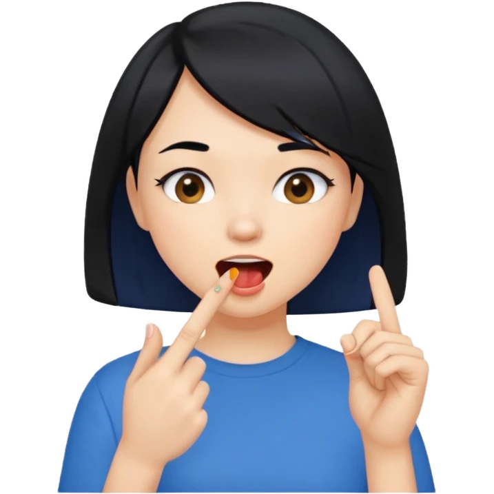 Chicas con pelo negro y corte bob haciendo que se muerde uno de sus dedos de manera picara, puedes hacer que se muerda el dedo sin sacar la lengua gua emoji