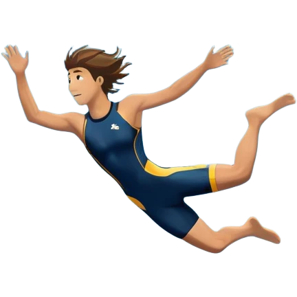 A diver mid-air, plunging from a high cliff into the sparkling ocean below. The background features rugged cliffs, clear blue water, and a bright sky, emphasizing the excitement and danger of the sport with a sense of freedom and adventure. emoji