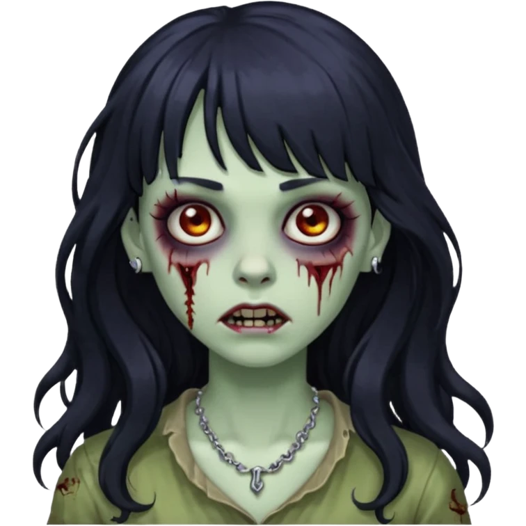 crie um kamoji estilo zumbi (feminina) com o cabelo comprido levemente ondulado e com franja preto, coloque alguns piercing  emoji