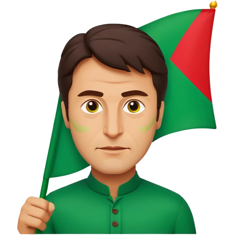 Imran Khan, emoji-style portrait:
- ⚡ recognizable face
- 🎯 holding green‑and‑red PTI flag
- Bold lines, flat vibrant colors
- Square 512×512 px, transparent background
- Expression: determined, charismatic, proud
- Minimal, clean style emoji