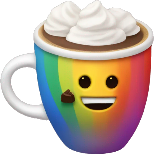 Rainbow coffee cup with hot coco and no face emoji