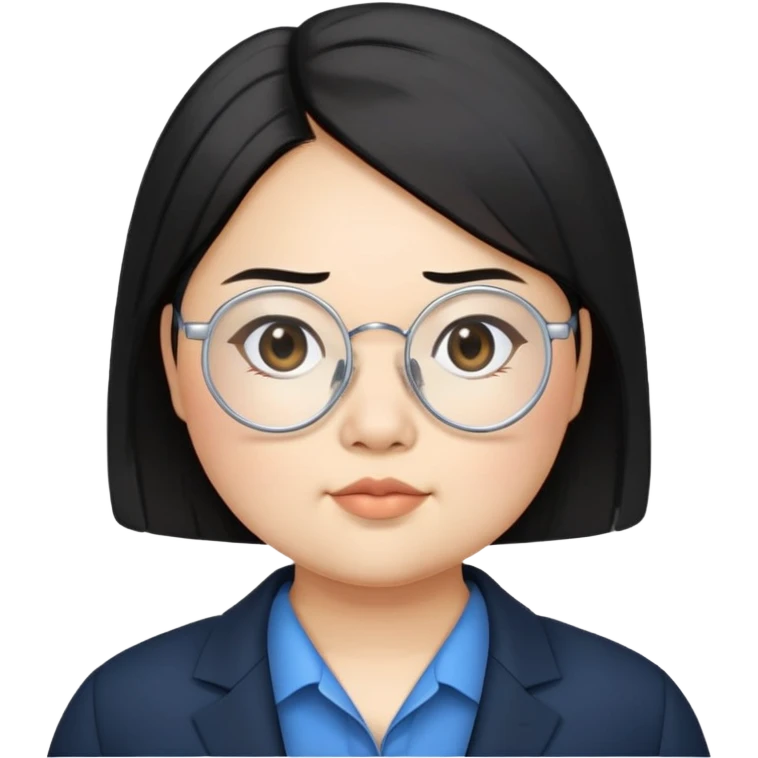 chubby asian waman wear thin siver circle glasses round eyebrow medium black hair wear black suit inside blue shirt  emoji