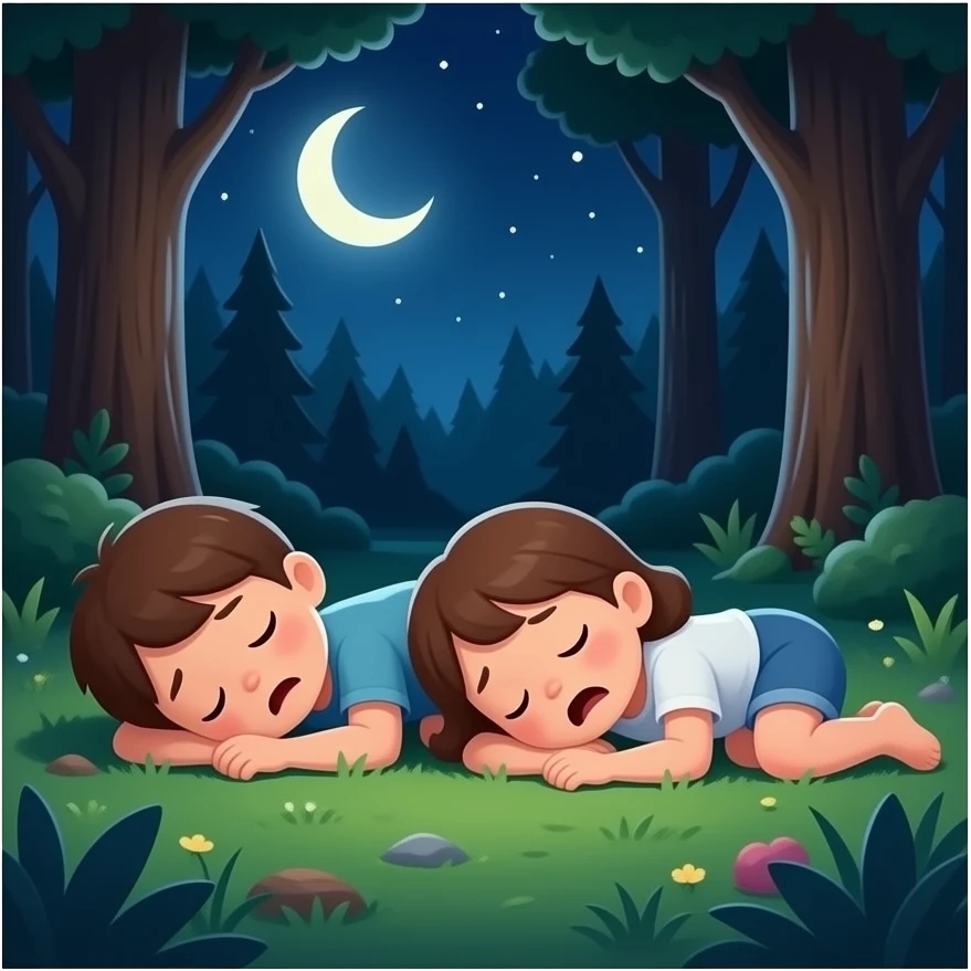 un niño y una niña que son hermanos durmiendo en el bosque, estan asustados y es de noche duermen en el suelo sin nada! emoji
