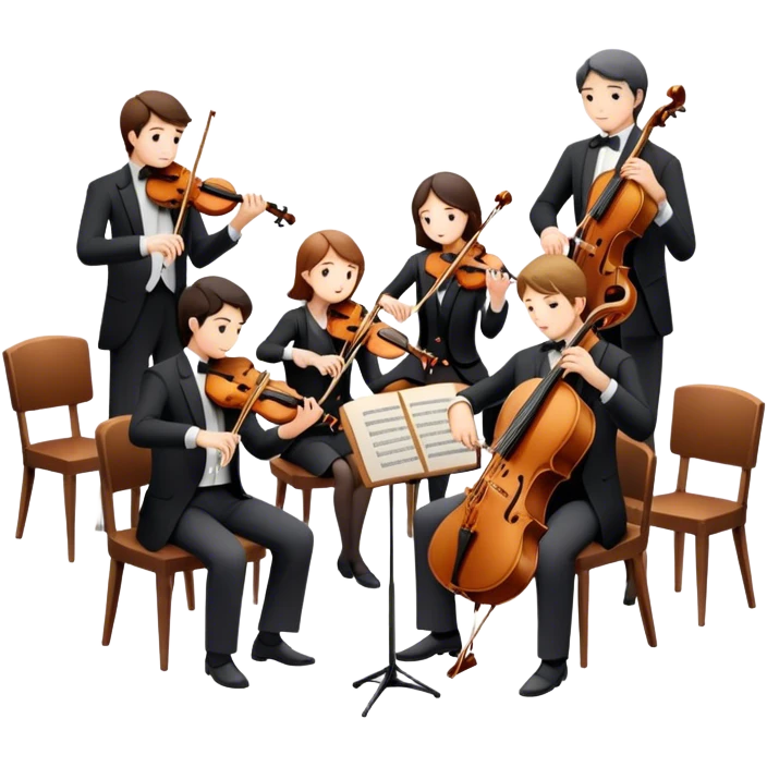 Icon for Classical Music: chamber orchestra with 4-5 musicians playing string instruments (violins, violas, cellos) and a conductor leading the ensemble. The intimate, refined atmosphere. Transparent background. emoji