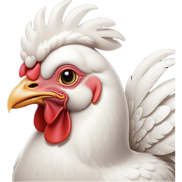 Cinematic Noble White Chicken Portrait Emoji, Poised and regal, with a compact, sturdy build and a pristine, well-groomed pure white plumage, deep-set soulful beady eyes, Simplified yet sharp and sophisticated features, highly detailed, glowing with a soft, dignified glow, high shine, intelligent and alert, stylized with an air of barnyard elegance, focused and attentive, soft glowing outline, capturing the essence of a watchful and confident fowl, so majestic it feels as though it could strut out of the screen with effortless authority! emoji