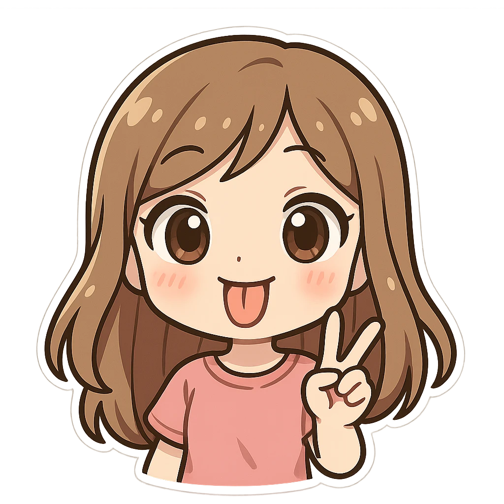 girly character sticking tongue out and showing peace hand sign, chibi style, big eyes, cheerful emoji