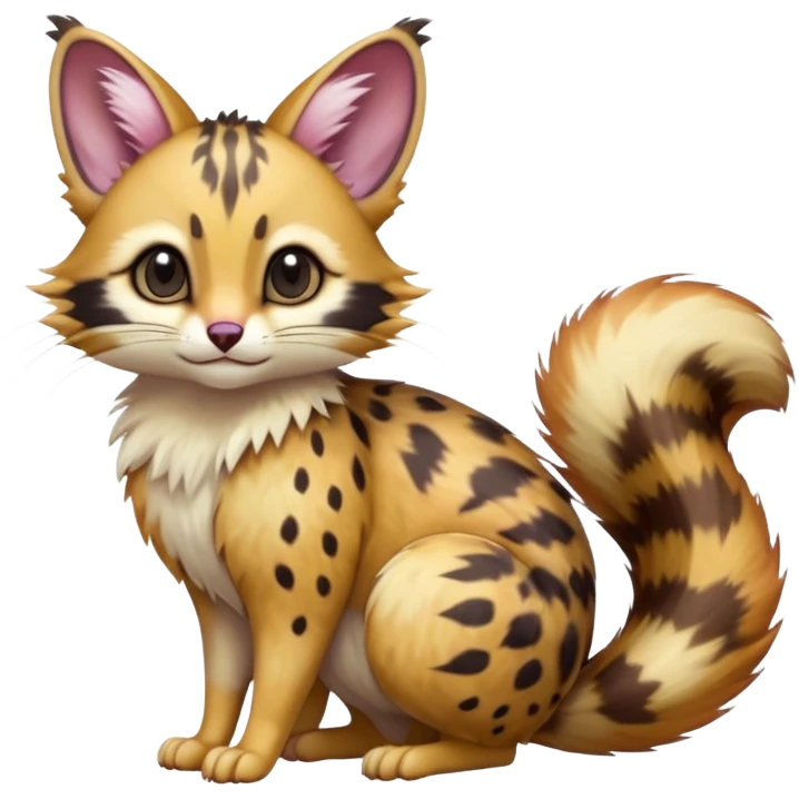 Colorful-Gradients-colored cute realistic fur with random dark markings beautiful elegant pretty precious cute  Fakémon-Pokémon-opossum-feline-serval-caracal-chinchilla-Furret-Minccino-hybrid-creature with a big fluffy bushy tail (full body) emoji