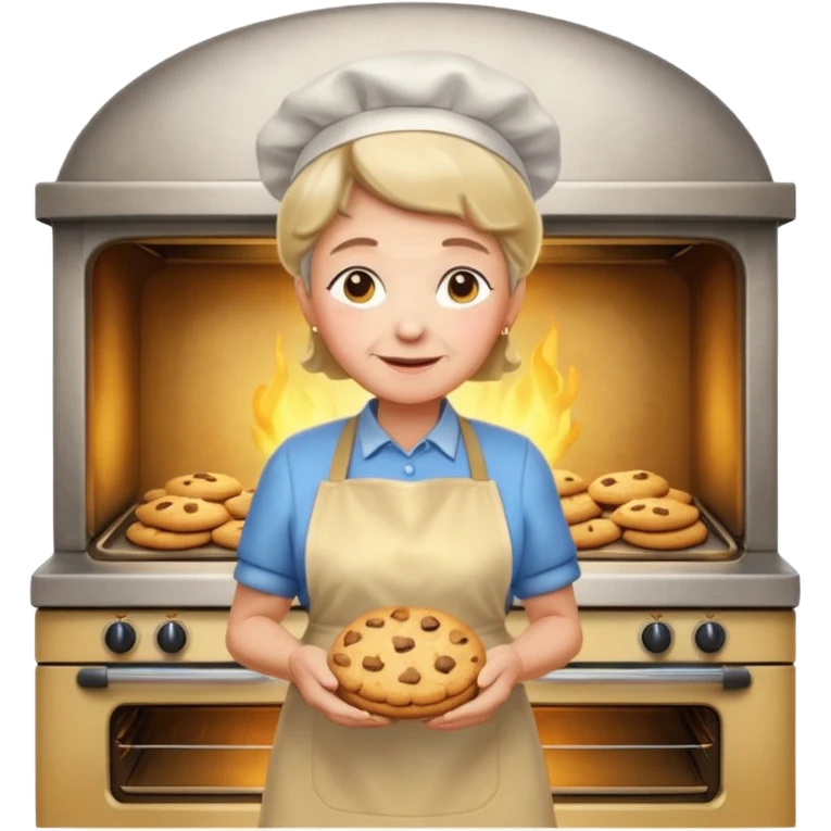 Portrait of a proud grandma wearing a golden apron, standing in front of a glowing oven, cookies baking inside, magical warmth, emoji-style emoji