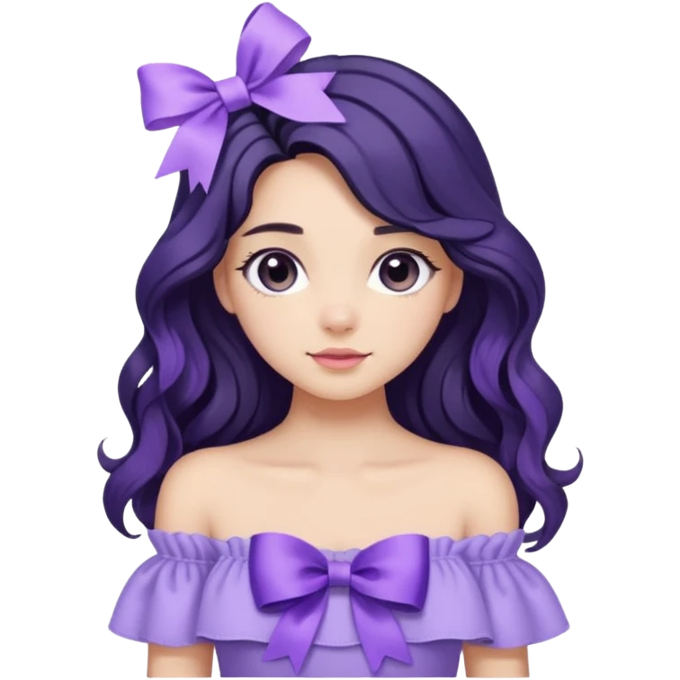 Girl with black wavy long hair and a ribbon hair clip beside it make it look like wearing a lavender off shoulder  emoji