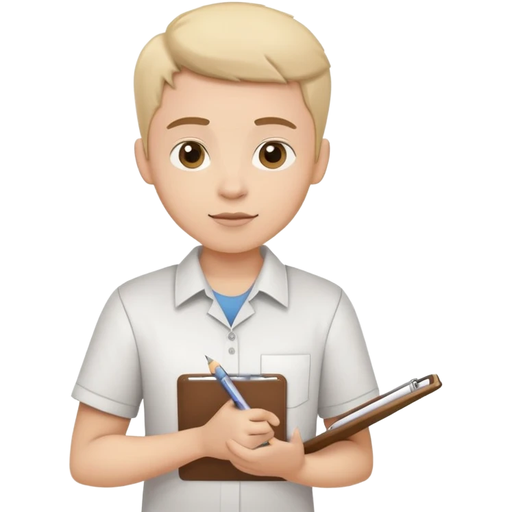 intern or volunteer holding a clipboard and pencil, ready to take notes or assist. The character wears a simple shirt and has an eager posture emoji