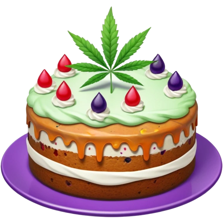 colorful frosted fruit cake with cannabis leaf on a plate emoji