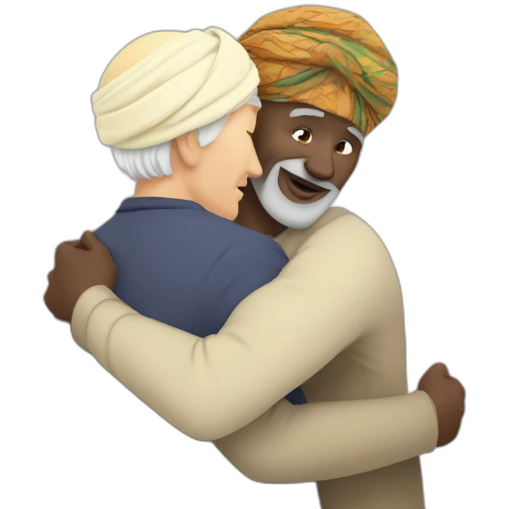 Turban older Man from africa hugs blond European man emoji