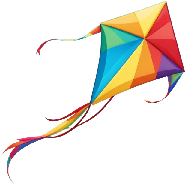 A colorful kite soaring high in the sky on a sunny day, with a long, flowing tail trailing behind. The background features an open field or beach, capturing the joy and freedom of flying kites, with gentle winds and a peaceful atmosphere. emoji