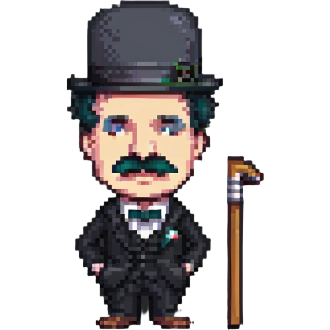 angry Charlie Chaplin, pixel art, small details, bowler hat, mustache, cane emoji