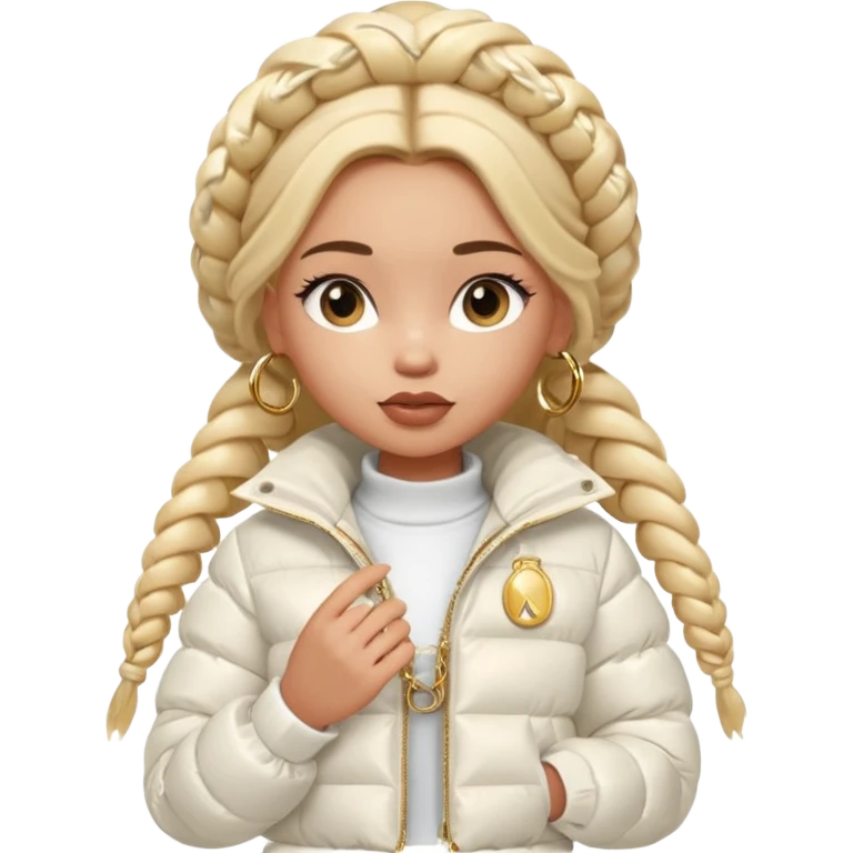 generate a pretty bratz girl with a WHITE puffer jacket, hoops, long braided hair emoji