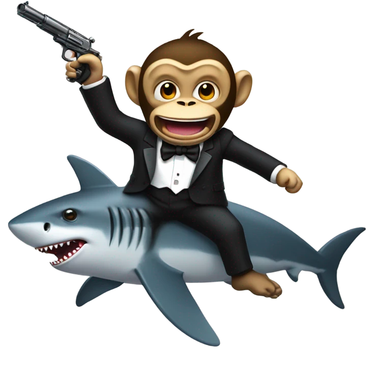 monkey riding a shark holding a gun wearing a tuxedo emoji