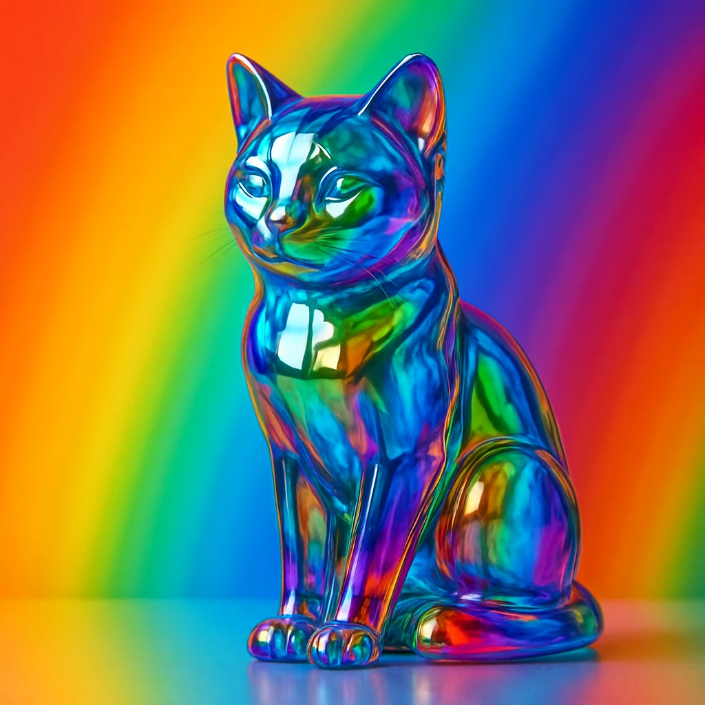 3D glass statue of a cat with rainbow colors in the background emoji