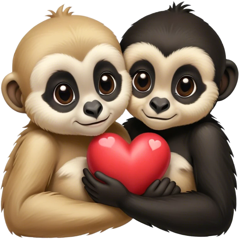 Two gibbons, one black and one tan, embracing with a heart, cute Disney-style  emoji