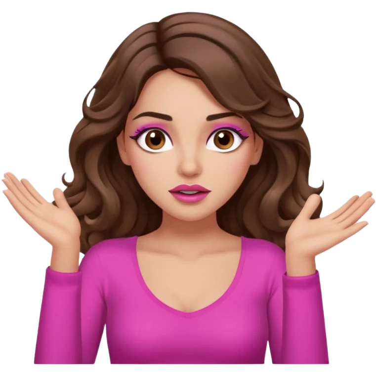 girl with long wavy brown hair, brown eyes, long lashes makeup, sexy pink lips, light to medium complexion, pink sexy top, two hands up, shrugging, confused emoji