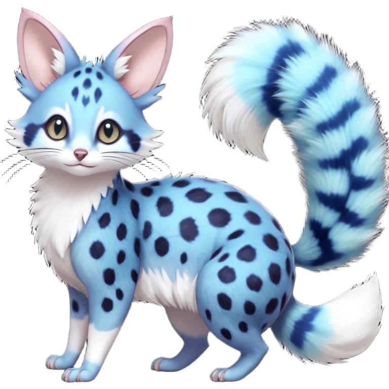 realistic  deep-ocean indigo fur seeded with bioluminescent plankton speckles beautiful elegant pretty precious cute  Fakémon-Pokémon-opossum-feline-serval-caracal-chinchilla-Furret-Minccino-hybrid-creature with a big fluffy bushy tail (full body) emoji